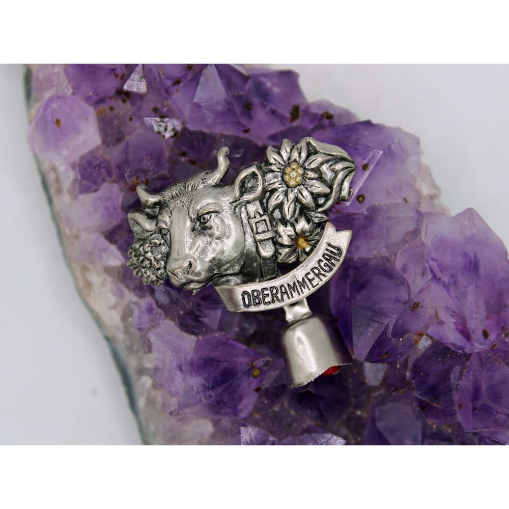 Silver Tone Oberammergau, Germany Cow Edelweiss & Cowbell Souvenir Brooch